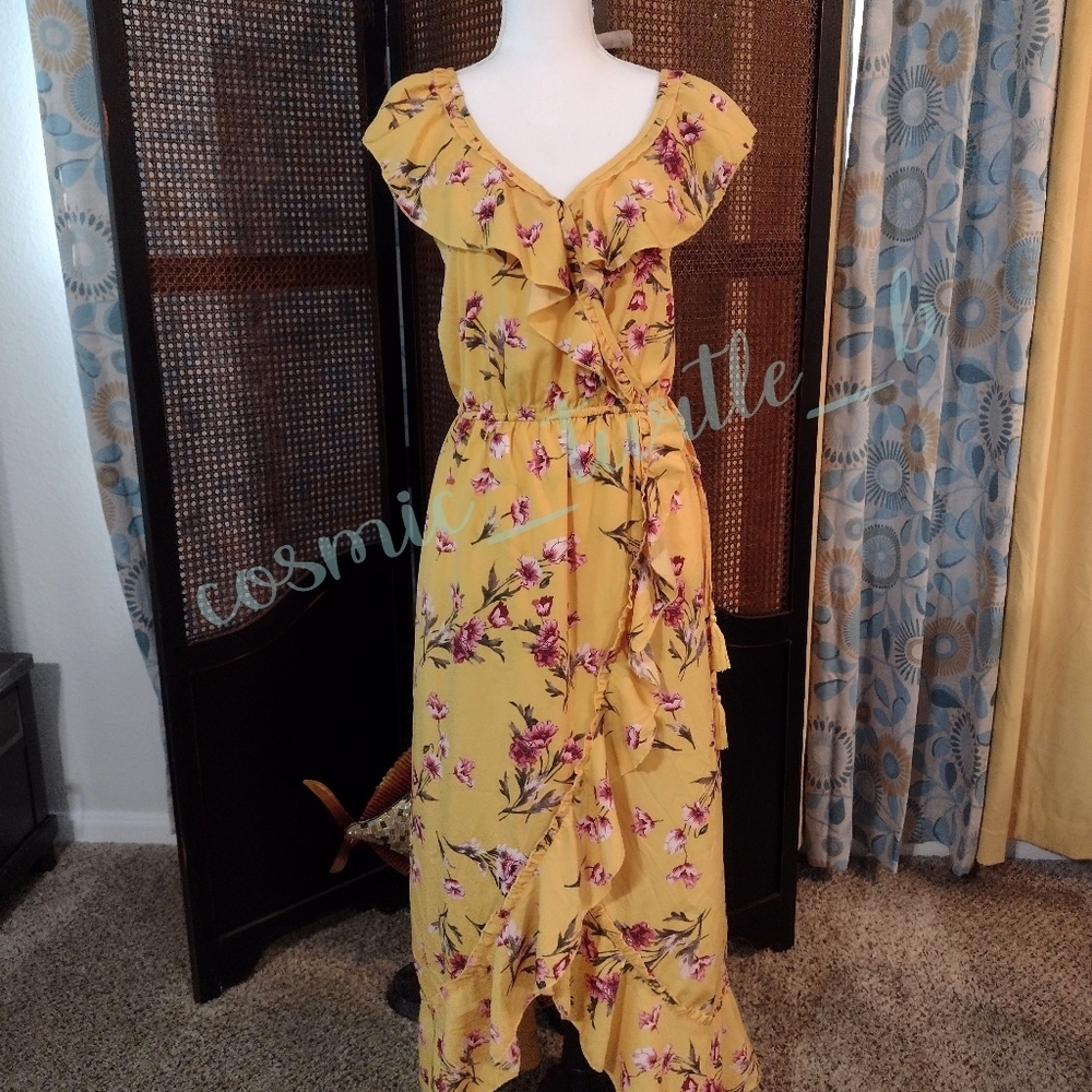 𝅺Vibrant Floral Flutter Sleeve Hi Low Maxi Flower Dress - Picture 9 of 12